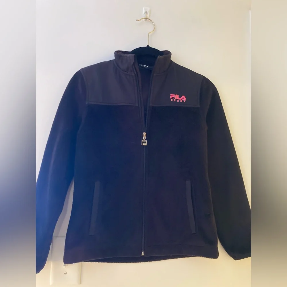 Fila Sport Girl's Black Fleece Zip Up Jacket with pink logo